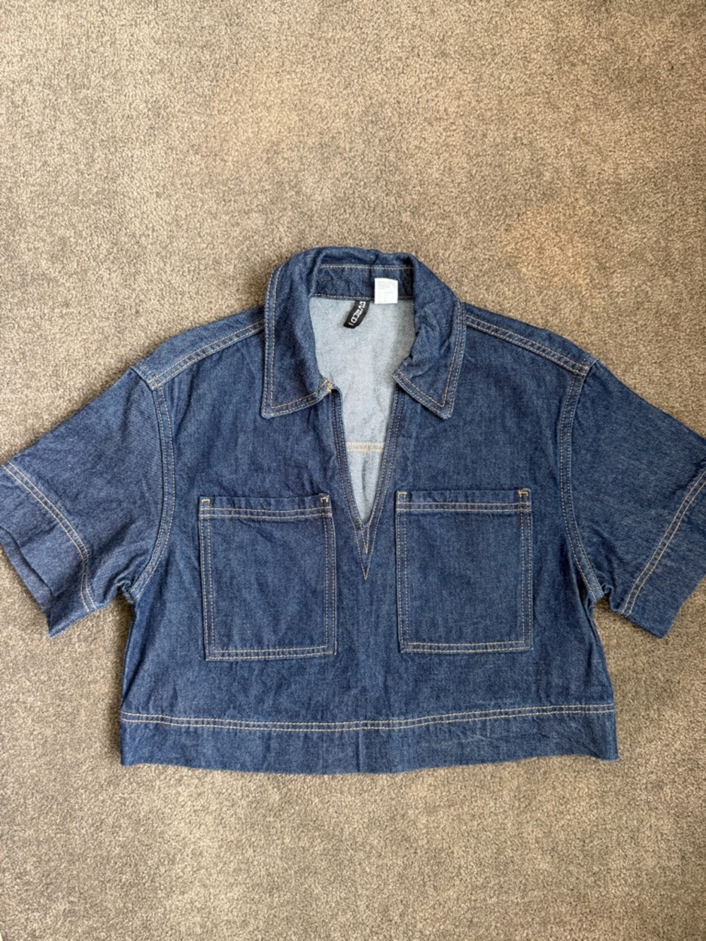 H&M Dark Blue Denim Cropped Shirt with Pockets
